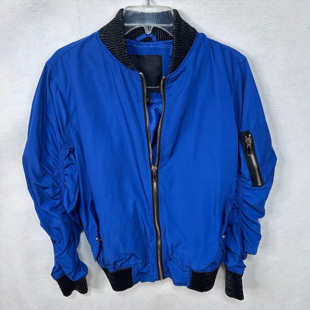 Peace Unltd NY Mens Blue Ruched Bomber Jacket Faux Leather Trim‎ Size Medium